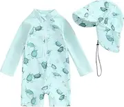[LYSINK] Toddler Baby Boys Swimwear Set Rash Guard One Piece Long Sleeve Zipper Swimsuit with Sun Protection Hat 2Pcs Bathing Suit, Ba Green, 12-24 Months