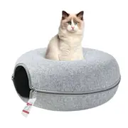 Qttie Cat Tunnel Bed Felt Pet Puppy Nest Cave House Round Donut Washable Detachable Light Grey L
