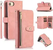 UEEBAI Case for iPhone 7 Plus/iPhone 8 Plus, 9 Card Slots Retro Leather Wallet Shockproof Flip Cover with Hand Strap Card Slots Zipper Pocket Kickstand Handbag Magnetic Closure - Retro Pink