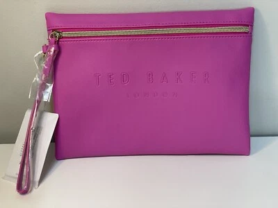 Ted Baker 100% Bovine Leather Fuchsia Pink Clutch Wristlet Pouch Bag NWT
