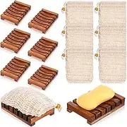 Mumufy 12 Pcs Wood Soap Dish and Exfoliating Bag Set 4.5 x 3.35 x 0.87 inches Self Draining Soap Saver Wood Tray for Bathroom Shower Travel(Brown,Bamboo)