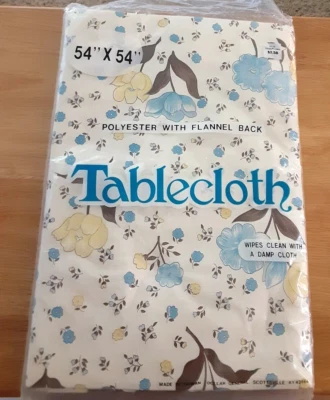 Vintage Vinyl Flannel Backed Tablecloth Flowers 54 x 54 Blue Tan Yellow NIP