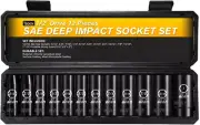 1/2" Drive SAE Deep Impact Socket Set, 12 Pieces (5/16" to 1"), CR-V Steel, Blac
