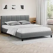 ALFORDSON Bed Frame Base Double Size Platt Series, Mattress Topper Platform Foundation with Linen Fabric Upholstery for Bedroom, Fabric Grey