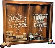 Wine Cork & Beer Cap Holder Shadow Box, Wall Mounted or Free Standing, Wine & Bar Decor for Him & Her, Rustic Stained Wood, 11" x 13"