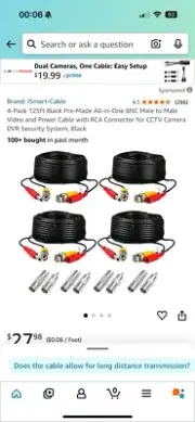 4-Pack 125Ft Black Pre-Made All-In-One BNC Male to Male Video and Power Cable wi