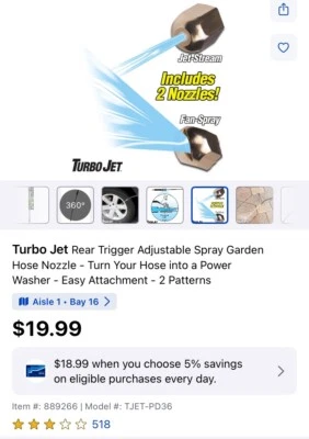 Turbo Jet Rear Trigger Adjustable Spray Garden Hose Nozzle