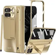 for Google Pixel 9 Pro Fold Case with Black Stylus & Pen Holder, Case for Google Pixel 9 Pro with Hinge Protector Screen Protector Kickstand Protective (Golden)