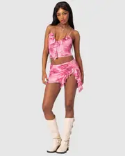 EDIKTED Womens Wanda Printed Mesh Ruffled Mini Skirt PINK