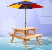 Kids Outdoor Picnic Table Bench set Wooden with Umbrella 4 children Natural
