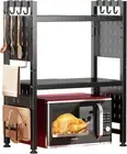 Adjustable 3-Tier Microwave Stand with Hooks, Expandable Kitchen Shelf, Black