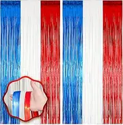 Voircoloria 2 Pack Red White and Blue Foil Fringe Backdrop Curtains, Tinsel Streamers Party Decorations, Fringe Backdrop for Patriotic, Memorial Day, 4th of July, Independence Day