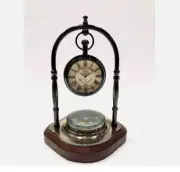 Handmade Brass Desk & Shelf Analog Table Clock with Compass
