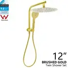 2 In 1 Set Brushed Gold 12" Round Rain/Hand Shower Head Gooseneck Arm Mixer/Taps