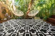 Outdoor Rug - Funky Retro Flowers Black and White