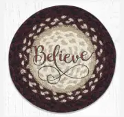 Set of 2 Braided Jute Round Placemat/Trivet/Swatch. BELIEVE. Earth Rugs.10"
