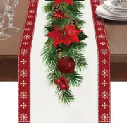 Watercolor Poinsettia Red Christmas Table Runner with White Snowflake,Seasonal W