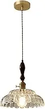 Retro Indoor Pendant Light Fixture Walnut Hanging Lamp with Clear Pattern Glass Shade(Dia-20cm)