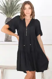 Lilou Mini Dress - Smock Mini Dress with V Neckline in Black