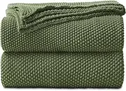 Longhui bedding Olive Green Cotton Cable Knit Throw Blanket for Couch Sofa Bed, Home Decorative Lightweight Knitted Blankets with Bonus Laundering Bag, 50“ x 60”, Machine Washable