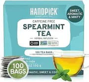 HANDPICK, Spearmint Tea Bags (100 Herbal Tea Bags) Premium Spearmint Leaves, Caffeine Free | Non-GMO, Gluten Free | Round Eco-Conscious Tea Bags | Light & Fresh