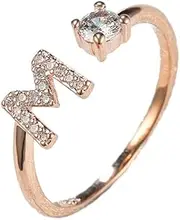 [AIMALL] Adjustable Open Zircon Initial Ring, A-Z Alphabet Personalized Fashion Jewelry, High-Quality Alloy with Rose Gold Finish, Universal Fit