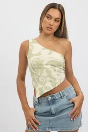 Green Abstract Scarf Top One Shoulder Tie Back - Size 16, Women's Cami