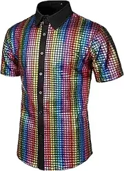 Men's Button Down Top Disco Outfit Button Shirt Shiny Costume Shirt Sequin Short Sleeve for Men