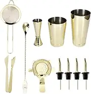11Pcs Bartender Kit,Imitation Gold Stainless Steel Wine Drink Mixer Bartender Tools Cocktail Shaker Set for Home Bar Club