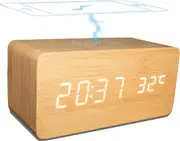 Wooden Alarm Clock Wireless Charging LED Display Time Temp Brightness Sound Control Home Office Bedside