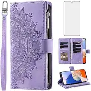 [Asuwish] Phone Case for Samsung Galaxy A14/M14 5G Wallet Cover with Tempered Glass Screen Protector and Wrist Strap Mandala Flower Flip Zipper Credit Card Holder Cell A 14 4G 14A 14M G5 Women Purple