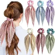mdgfge 6 Pcs Silky Satin Bow Hair Scrunchies Bohemia Knotted Hair Ties with Long Ribbon Colorful Glitter Satin Hair Bands Elastics Scarf Ponytail Holder Hair Accessories for Women Party Daily Use