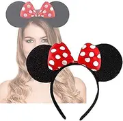 HENBRANDT Black Mickey Mouse Ears & Minnie Mouse Ears on Alice Band with Red and White Polkadot Spotted Bow for Adults/Children - Fancy Dress Costume Head Band Accessory - Party Decoration Gift - UK