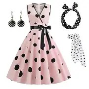 Women's A-Line Rockabilly Dress Polka Dots Swing Dress Flare Dress with Accessories Set 1950s 60s Retro Vintage with Headband Chiffon Scarf Earrings