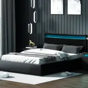 Gas Lift Base Queen Size Bed Frame With Storage LED Light Bedhead PVC Leather