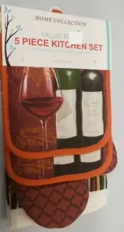 5 pc SET: 2 POT HOLDERS, 2 TOWELS & 1 OVEN MITT, 1 WINE GLASS & 2 BOTTLES, VP