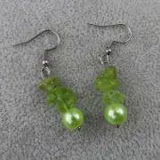 PERIDOT Dangle Earrings Green Stone Gemstone Chips Czech Glass Bead Silver Tone