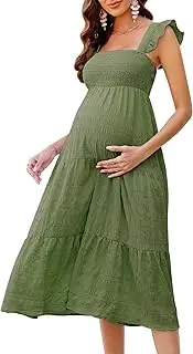 [KOJOOIN] Womens Maternity Dress Summer Sleeveless Smocked Square Neck Ruffle Casual Boho Midi Dress Baby Shower Photoshoot, Army Green, X-Large