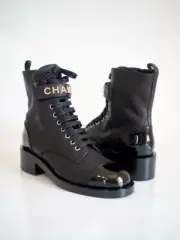 CHANEL 23A Leather Signature Logo Lace Up Combat Hiking Biker Flat Boots Black