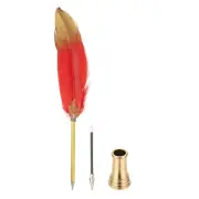 Feather Pen Quill, Feather Ballpoint Pen Bulk with Golden Pen Holder, Red