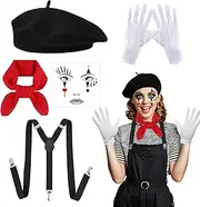 5Pcs French Fancy Dress Costume Women Men, Artist Mime Outfit Accessories——French Beret, Gloves, Y-back Suspenders, Red Scarf, Face Stickers, Cosplay Carnival Party Dress World Book Day Costumes