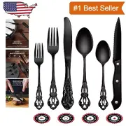 48-Piece Black Stainless Steel Silverware Set with Steak Knives - Retro Elegance