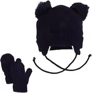 [GLSTOY] 1 Set Unisex Knitted Hat and Gloves Set Soft Warm Beanie with Earflaps Fluffy Ball Accessory for Boys and Cozy Polyacrylonitrile Material Fits Head Circumference Dark Blue