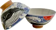 j-pure hitomi Japanese Mino Ware Ceramic Rice Bowl Set, Whale and Splashing Waves Pattern, 4.84 Inches in Diameter x H2.56 Inches, 13.3 Fluid Ounces, Set of 2 from Japan (Whale Design)