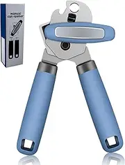 Can Opener with Oversized Easy-Turning Knob, Effort-Saving Manual Handheld Multifunctional Bottles Opener, Soft Touch Handle, Stainless Steel Sharp Cutting Blades, Blue