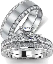 [WRS WEDDING RING SET] Two Rings His Hers Wedding Ring Sets Couples Matching Rings Women's 2pc Yellow Gold Plated Square CZ Wedding Engagement Ring Bridal Sets & Men's Titanium Wedding Band