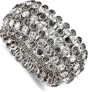 [JewelryWeb] Silver-tone Clear and Black Crystals And Acrylic Stones Stretch Bracelet-Stretch-Bracelet for Women