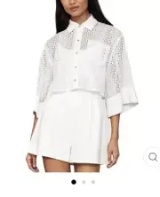 BCBGMAXAZRIA Womens Sheer Eyelet Button-Down Shirt Crop Top Blouse XS org. $198