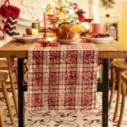 Red Green Plaid Christmas Table Runner, Winter Red Plaid Snowflake 13x72"