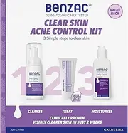 [Benzac] Clear Skin Acne Control 3 Step Starter Kit, Contains Purifying Foam Cleanser 130ml, 2.5% Acne Gel 50ml, & Daily Facial Moisturiser 118ml, Dermatologist Tested
